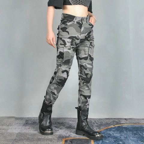Women's Motorcycle Camouflage Pants High Waist Breathable Protective Gear Anti-fall Cycling Cargo Jeans With Pads