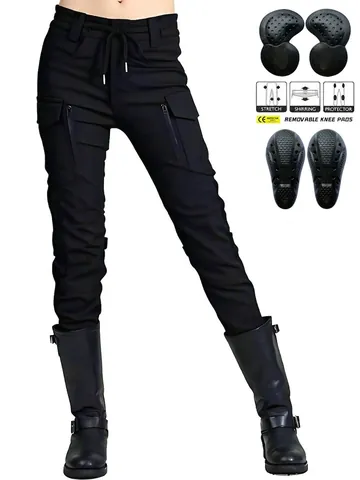 Pantaloni Moto Donna Impermeabili Antivento Neri Stile Cargo Techwear Con Protezioni
