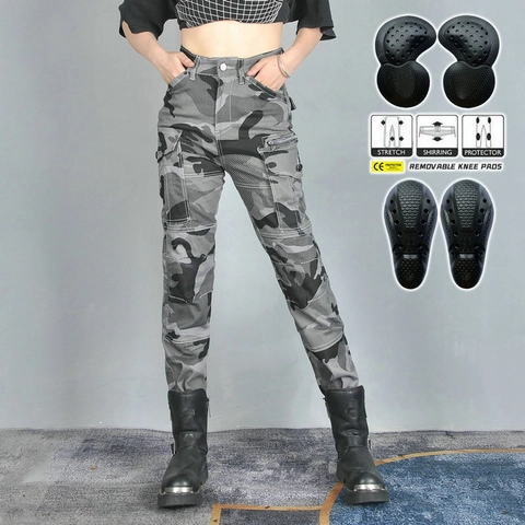 Women's Motorcycle Camouflage Pants High Waist Breathable Protective Gear Anti-fall Cycling Cargo Jeans With Pads