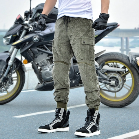 Pantalones de Motociclista para Hombre de Pana Anticaída Resistentes al Viento Pantalones Cargo con Protecciones CE Extraíbles Verde Oliva