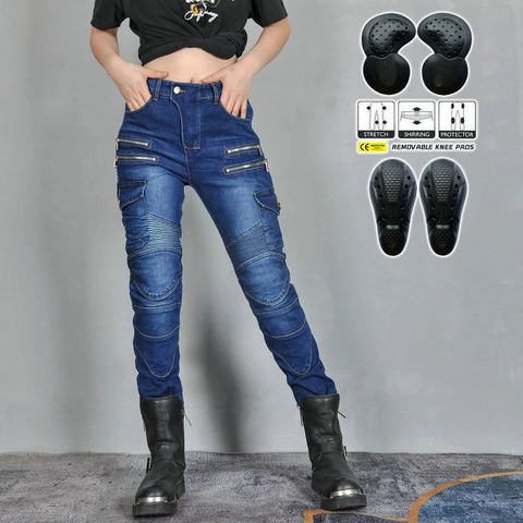 Women Motorcycle Jeans Stretch Biker Riding Pants With Removable Protectors Slim Fit Cargo Denim Trousers Outdoor Riding