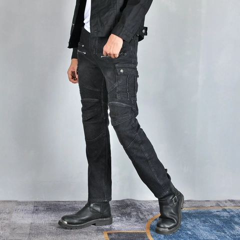 Herren Motorradreithose Winter Fleecegefüttert Schutz Rennhose Mit Abnehmbaren Polstern Baumwollmischung Biker Jeans Mehrere Taschen