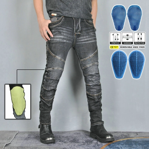 Men Motorcycle Biking Jeans Tear Resistant Protective Pants With Removable Silicone CE Protectors Biker Denim Trousers