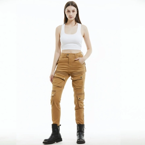 Damen Motorrad Reithose Cargo Schmale Passform Schützende Moto Hose Mit Abnehmbaren Kniepolstern Khaki Baumwollmischung Mehrere Taschen