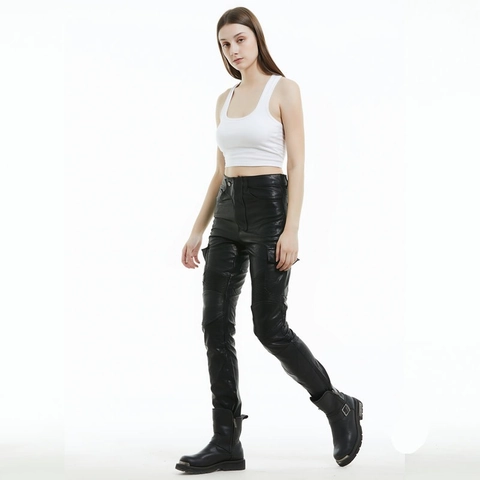 Women Motorcycle Riding Pants Waterproof Protective PU Leather Cargo Pants With Removable Knee Pads Black Racing Trousers