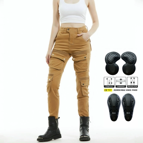 Damen Motorrad Reithose Cargo Schmale Passform Schützende Moto Hose Mit Abnehmbaren Kniepolstern Khaki Baumwollmischung Mehrere Taschen