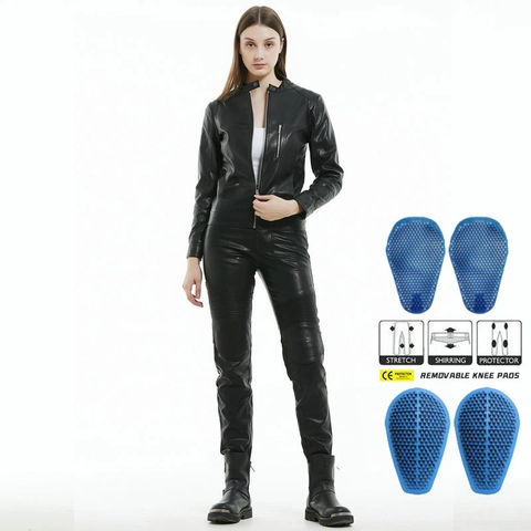 Women's Retro Motorcycle Riding Pants PU Leather Waterproof Windproof Protective Gear Slim Fit Cycling Trousers With Pads