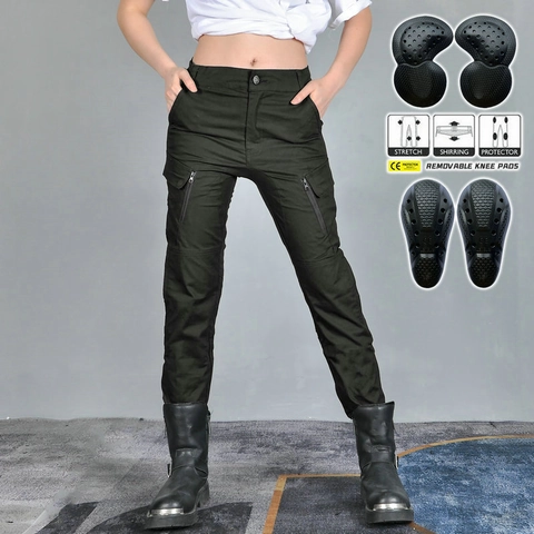 Women's Protective Motorcycle Riding Pants Cotton Breathable Tactical Cargo Trousers With Removable Protectors High Waist