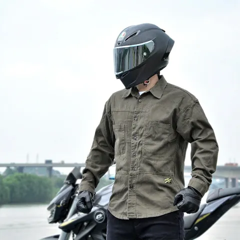 Camicia da Moto da Uomo Retro Casual Abbigliamento da Lavoro Giacca Protettiva a Maniche Lunghe in Misto Cotone Senza Protezioni