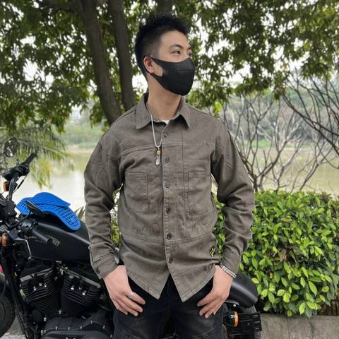 Camicia da Moto da Uomo Retro Casual Abbigliamento da Lavoro Giacca Protettiva a Maniche Lunghe in Misto Cotone Senza Protezioni