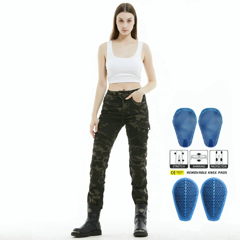 Women Retro Camouflage Motorcycle Riding Pants Abrasion Resistant Cargo Pants With Removable CE Knee Protectors Biker Trousers