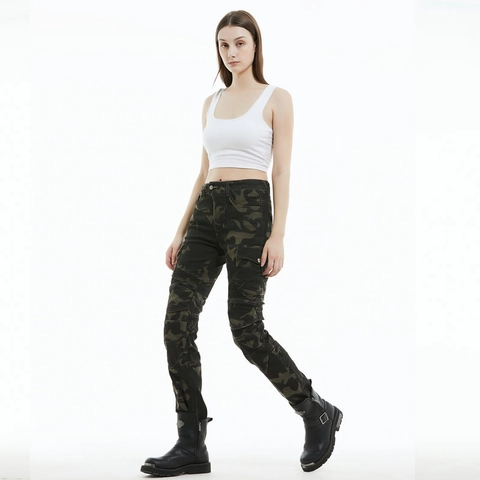 Women Retro Camouflage Motorcycle Riding Pants Abrasion Resistant Cargo Pants With Removable CE Knee Protectors Biker Trousers