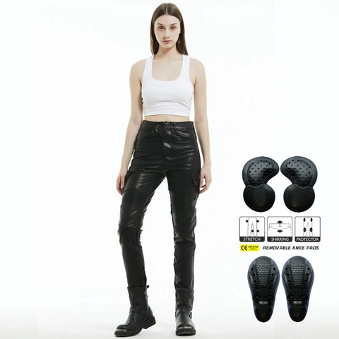 Women Motorcycle Riding Pants Waterproof Protective PU Leather Cargo Pants With Removable Knee Pads Black Racing Trousers