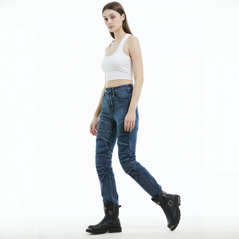 Pantaloni da Moto Donna in Jeans Resistenti all'Usura Con Protezioni CE Rimovibili Vestibilità Aderente Elasticizzati Biker