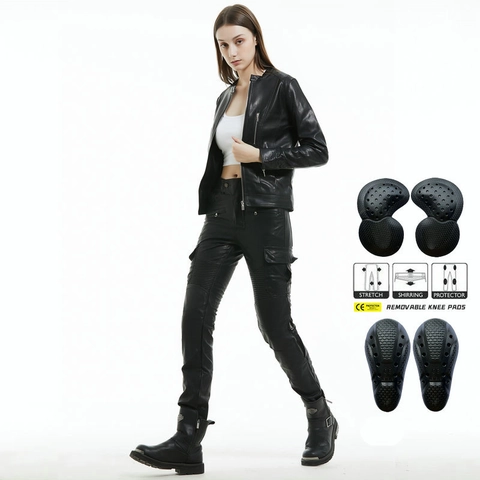 Damen Motorradreithose Schlanke Passform Beschichtetes Gewebe Winddicht Cargo Lederhose Mit Herausnehmbaren Knieschützern Retro Hose