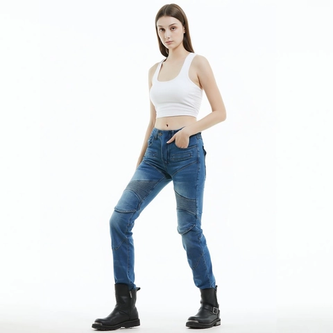 Jeans da Moto da Donna Slim Fit Pantaloni in Denim Biker Con Protezioni Rimovibili e Pannelli Elasticizzati a Fisarmonica