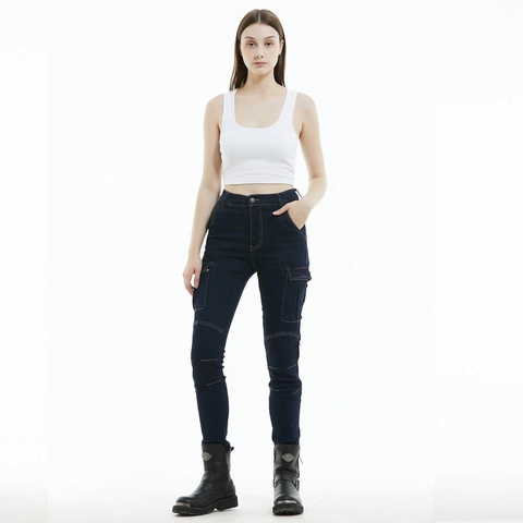 Jeans da Moto da Donna in Denim Elasticizzato Con Imbottiture Protettive in Silicone Dettagli Arricciati Pantaloni Cargo Biker
