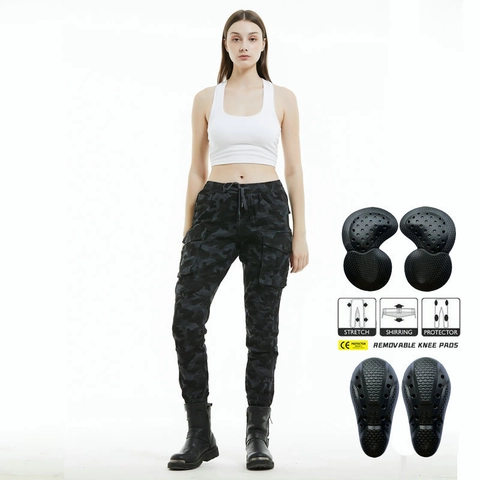 Pantaloni Cargo da Moto per Donna Con Protezioni CE Rimovibili Misto Lino Pantaloni da Equitazione Jogger Multitasche Anticaduta