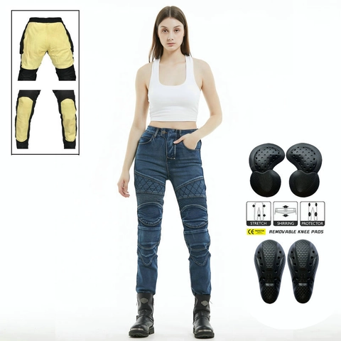 Pantaloni da Moto Donna in Jeans Resistenti all'Usura Con Protezioni CE Rimovibili Vestibilità Aderente Elasticizzati Biker