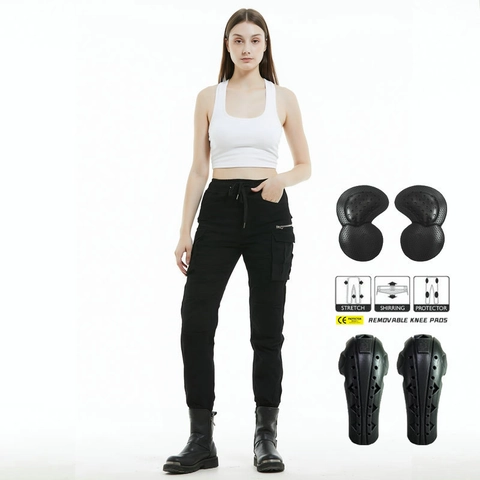 Women's Cotton Blend Motorcycle Riding Pants Removable Protective Pads Cargo Joggers Tactical Stretch Biker Trousers