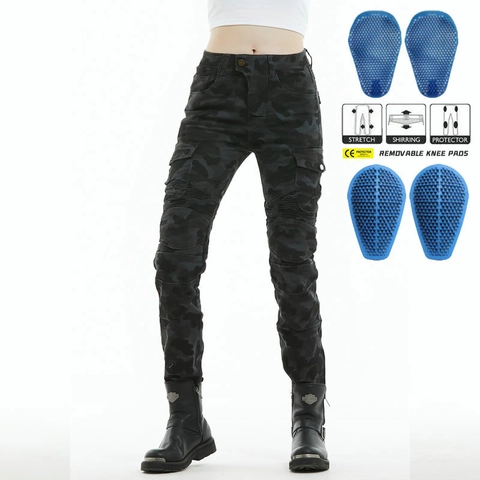 Pantaloni da Moto Mimetici da Donna Elasticizzati Resistenti all'Abrasione Cargo Con Protezioni Rimovibili Equipaggiamento di Sicurezza