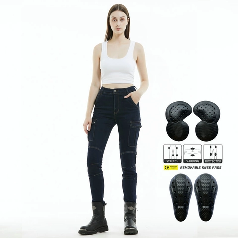 Pantaloni da Moto da Donna Slim Fit con Protezioni Tasche Cargo Denim Elasticizzato Pantaloni da Ciclismo per Moto Lady