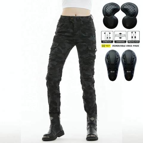Pantaloni da Moto Donna Mimetico Blu Elasticizzati Cargo Con Protezioni Rimovibili Resistenti all'Abrasione Tattici