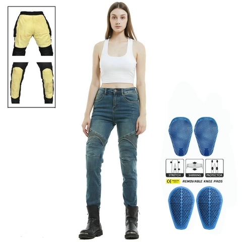 Women's Slim Fit Motorcycle Riding Jeans Protective Pads Aramid Fiber Lined Stretch Denim Shirring Detail Moto Biker Pants