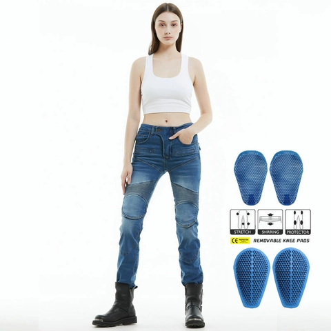 Jeans da Moto da Donna Slim Fit Pantaloni in Denim Biker Con Protezioni Rimovibili e Pannelli Elasticizzati a Fisarmonica