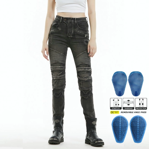 Pantaloni da Moto per Donna Retrò Distressed Washed Biker Jeans Con Equipaggiamento Protettivo Rimovibile Pantaloni Slim Fit
