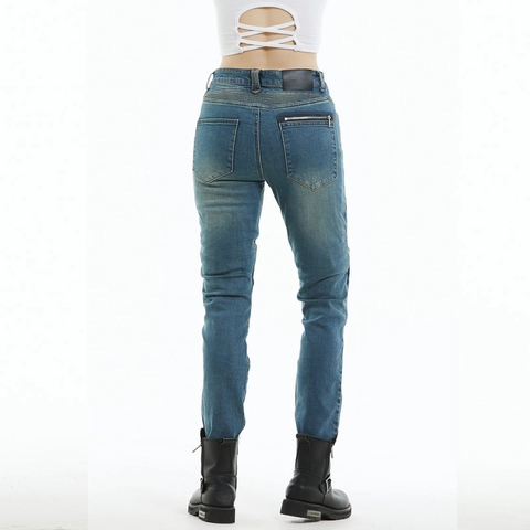 Women's Slim Fit Motorcycle Riding Jeans Protective Pads Aramid Fiber Lined Stretch Denim Shirring Detail Moto Biker Pants