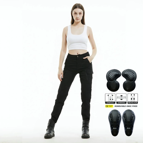 Women's Slim Fit Motorcycle Riding Pants Vintage Casual Cotton Blend Multi Pocket Cycling Trousers With Removable Knee Pads