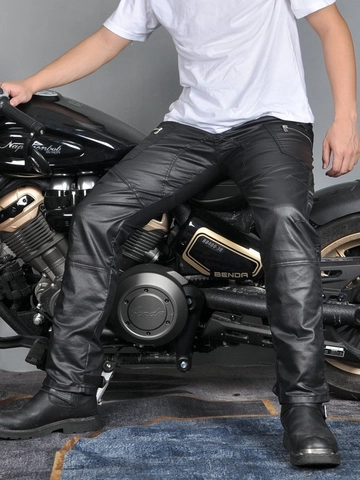 Pantalones de Moto para Hombre de Cuero Artificial Revestido Antiviento Corte Ajustado con Almohadillas Protectoras