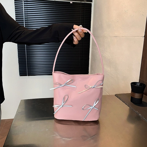 Borsa a Spalla Donna Con Fiocco in Pelle PU Borsa Tote Minimalista a Secchiello Per Pendolari Moda Quotidiana Borsa Dolce Donna