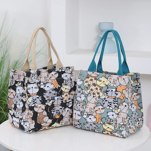 Cartoon Cat Print Canvas Handbag For Women Large Capacity Casual Shoulder Bag Fashion Travel Portable Lunch Tote Bag