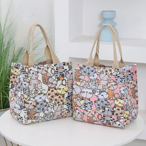 Cartoon Cat Print Canvas Handbag For Women Large Capacity Casual Shoulder Bag Fashion Travel Portable Lunch Tote Bag