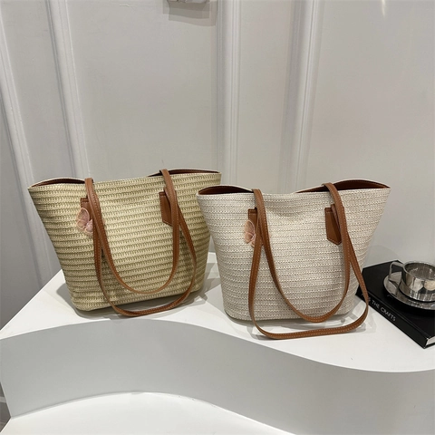 Borsa Tote da Donna in Paglia Intrecciata Grande Capacità Spalla per Vacanze Spiaggia Con Farfalla Manico in Pelle Artificiale