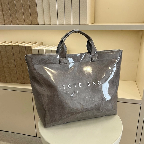 Women Large Capacity Waterproof PVC Kraft Paper Tote Bag Transparent Jelly Handbag Street Trendy Letter Print Shoulder Bag