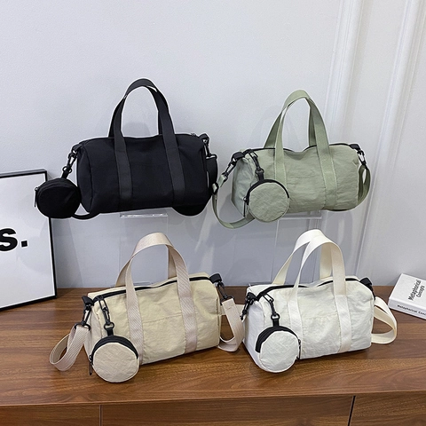 Bolso Boston de Nailon de Gran Capacidad para Mujer Casual Urbano Simple Bolso de Hombro Cilíndrico Con Correa Ajustable y Mini Monedero Redondo