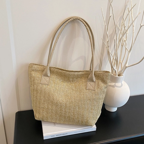 Women Retro Woven Contrast Color Straw Tote Bag Large Capacity Casual Beach Vacation Shoulder Bag With PU Handle