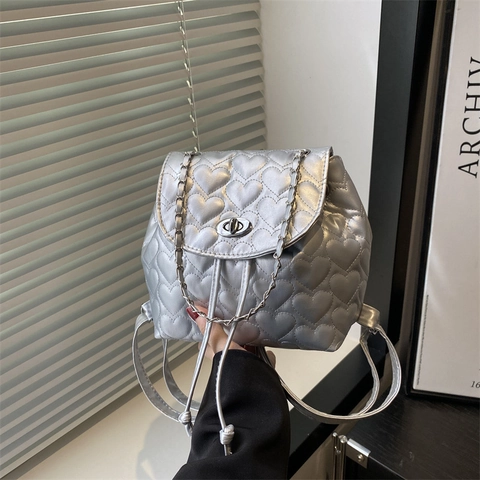 Heart Quilted Mini Backpack For Women PU Leather Fashion Small Daypack With Metal Chain Twist Lock And Drawstring