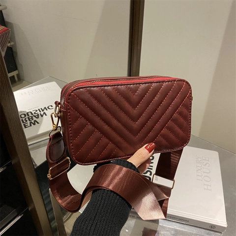 Fashion V-Quilted PU Leather Crossbody Bag For Women Small Square Bag With Wide Fabric Strap Gold Hardware Shoulder Bag