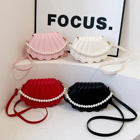 Women Elegant Shell Shaped Crossbody Bag With Artificial Pearl Handle PU Leather Pleated Fashion Shoulder Bag Daily Purse