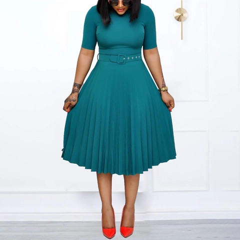 Damen Elegant Plissiert Midikleid Mit Gürtel Rundhals Halbarm Hohe Taille Einfarbig Formal Party Pendeln Kleid