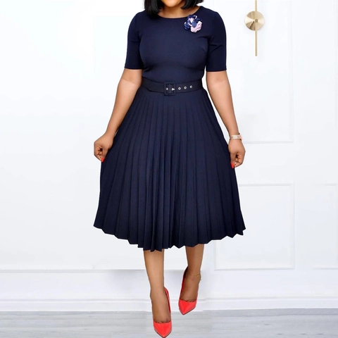 Damen Elegant Plissiert Midikleid Mit Gürtel Rundhals Halbarm Hohe Taille Einfarbig Formal Party Pendeln Kleid