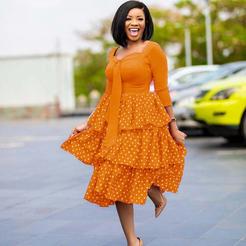 Women's Elegant Polka Dot V-Neck Long Sleeve Tiered Cake Midi Dress Plus Size African Style Slimming Casual Party Outfit