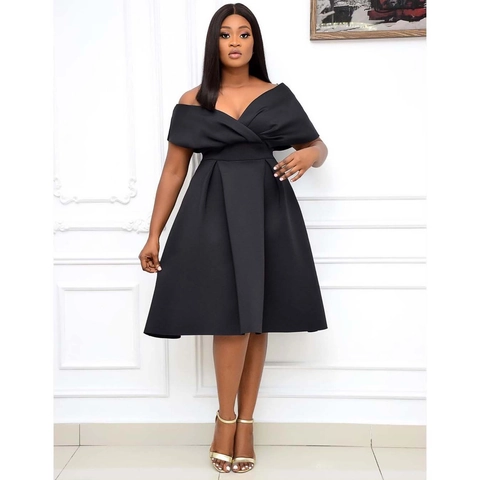 Women Elegant Plus Size Short Sleeve V Neck Off Shoulder Midi Dress High Waist Solid Color A Line Party Evening Gown With Bow