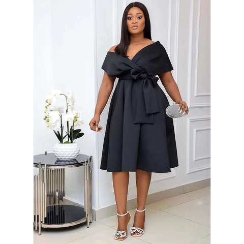 Damen Elegant V-Ausschnitt A-Linie Midi Kleid Einfarbig Scuba-Stoff Party Abend Bankett Kleid Mit Schleifengürtel