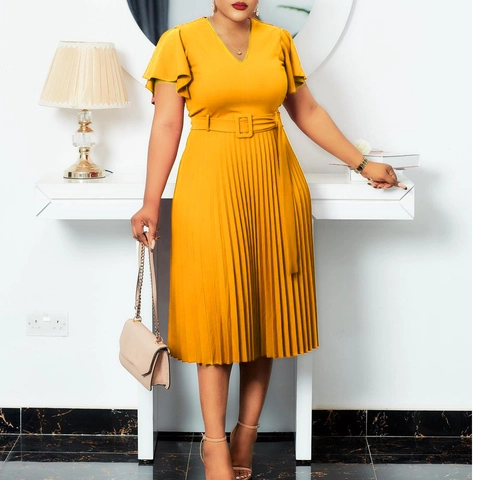 Elegant Women V Neck Flutter Sleeve Pleated Midi Dress With Belt Solid Color Polyester Spandex A-Line Formal Party Dress