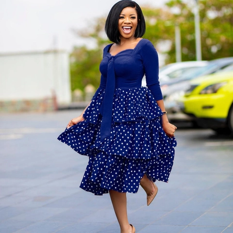 Women's Elegant Polka Dot V-Neck Long Sleeve Tiered Cake Midi Dress Plus Size African Style Slimming Casual Party Outfit